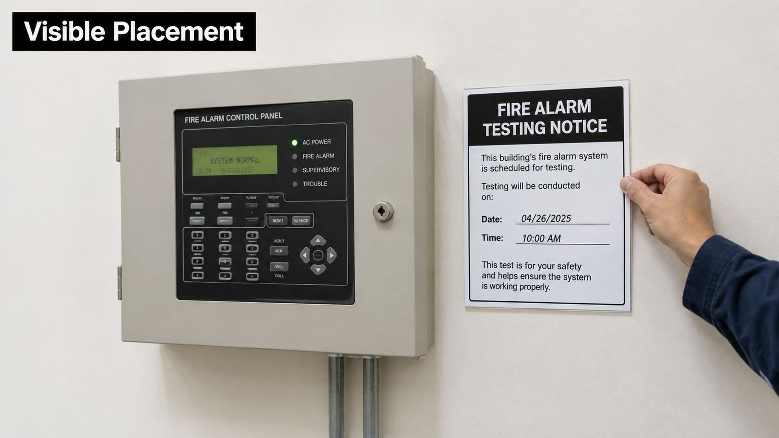 A hand places a fire alarm testing notice sign on a wall next to a control panel.