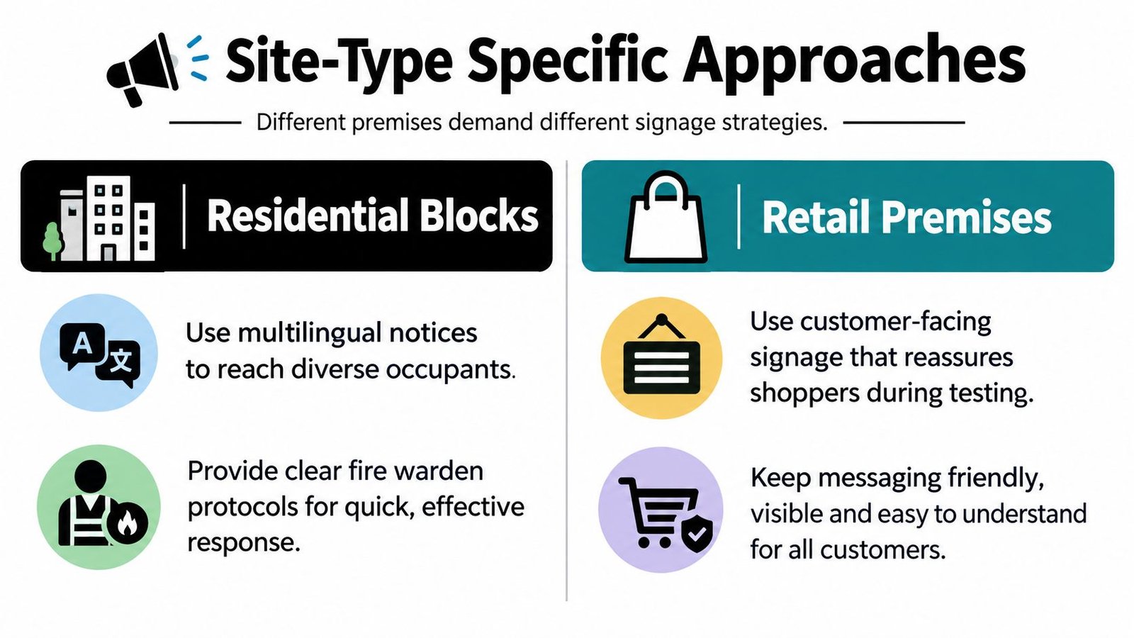 An infographic illustrating tailored signage strategies for residential buildings and retail stores to improve communication.