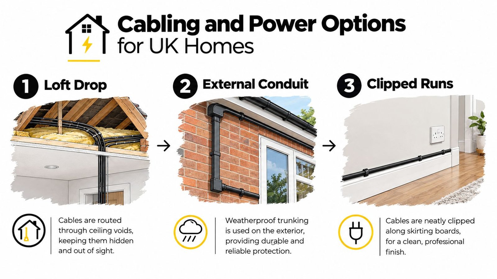 An infographic showing three methods for installing cabling for home security cameras in UK homes.