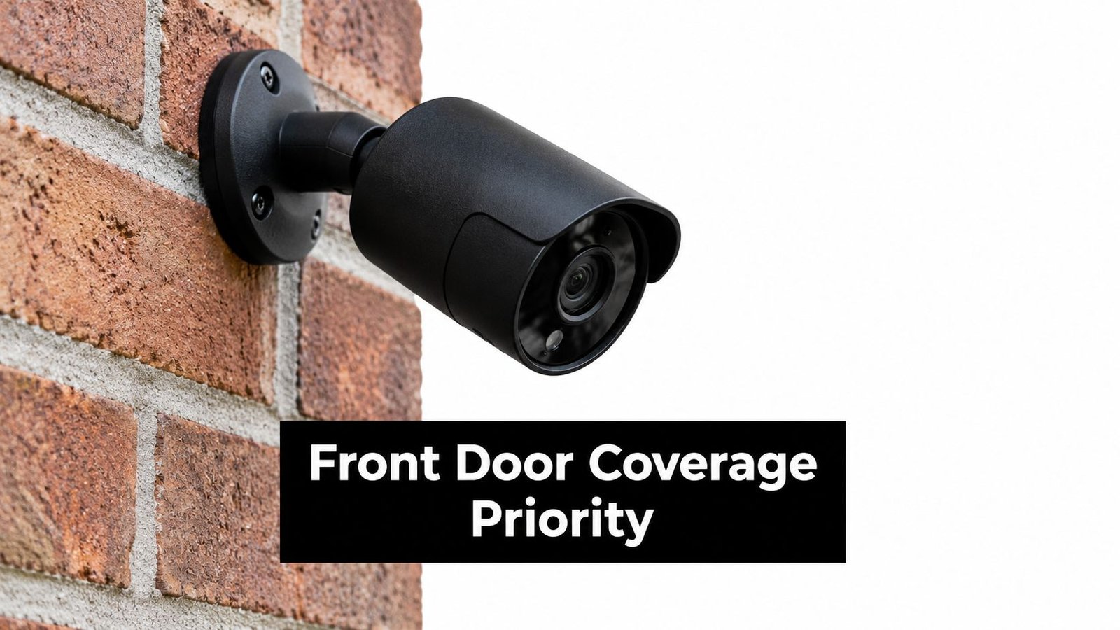 A black outdoor security camera mounted on a brick wall labeled with Front Door Coverage Priority text.