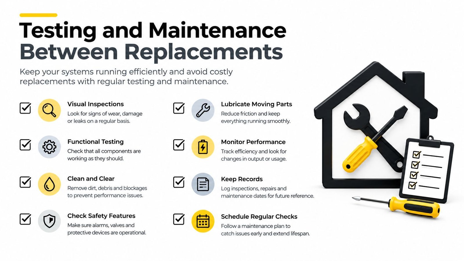 An infographic detailing eight essential maintenance and testing steps to extend the lifespan of home systems.