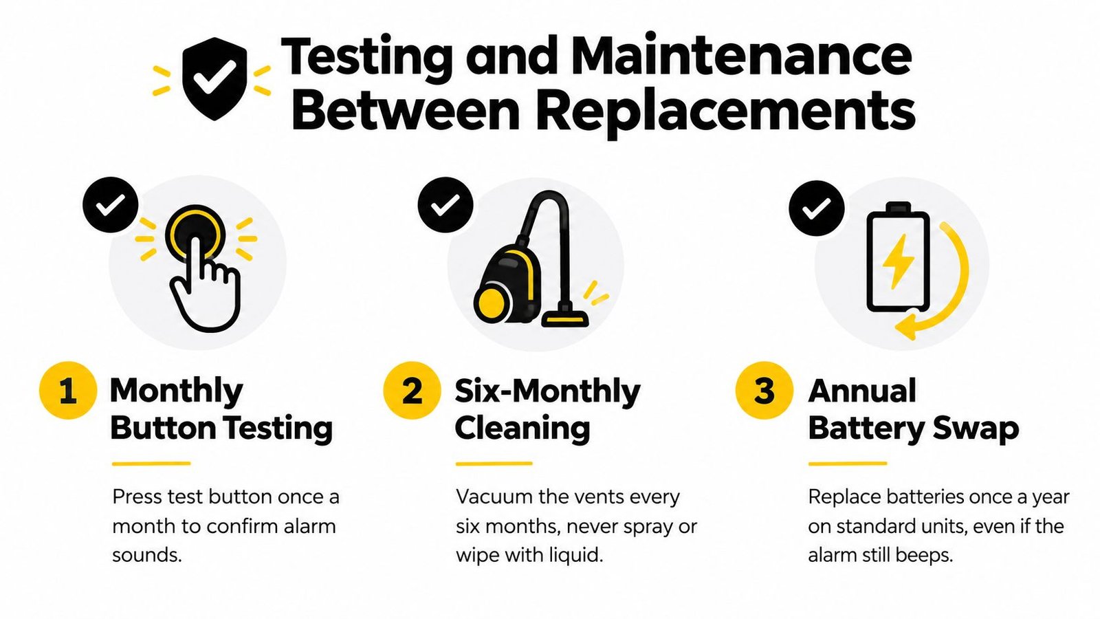 An infographic showing the three steps for smoke alarm maintenance: monthly testing, six-monthly cleaning, and annual battery replacement.