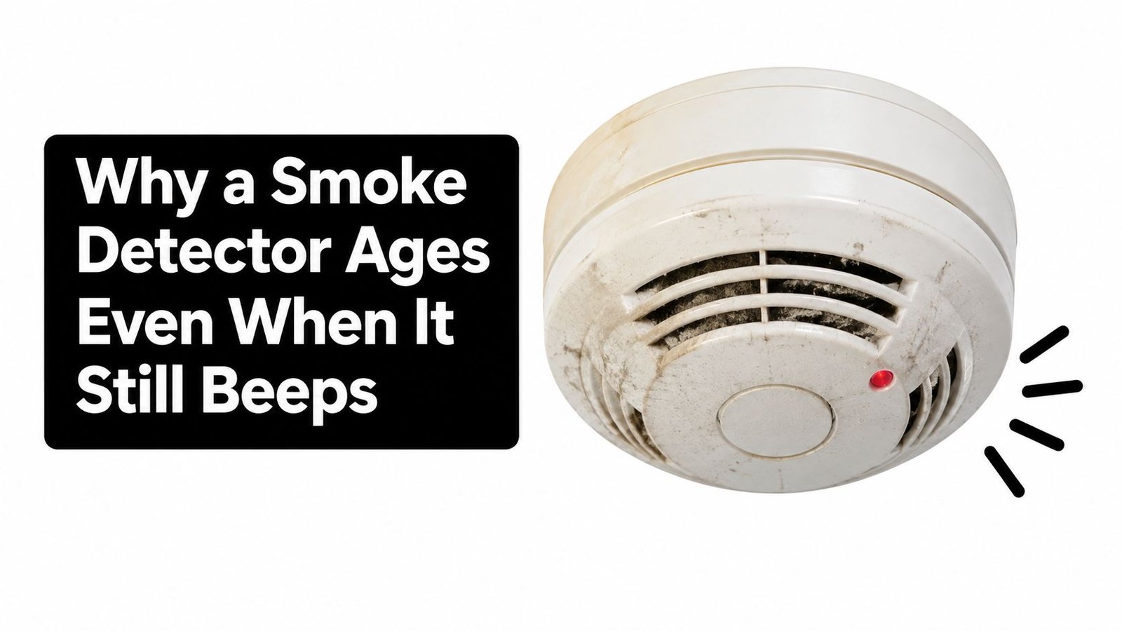A dirty, aging white smoke detector on a white background with a glowing red indicator light.