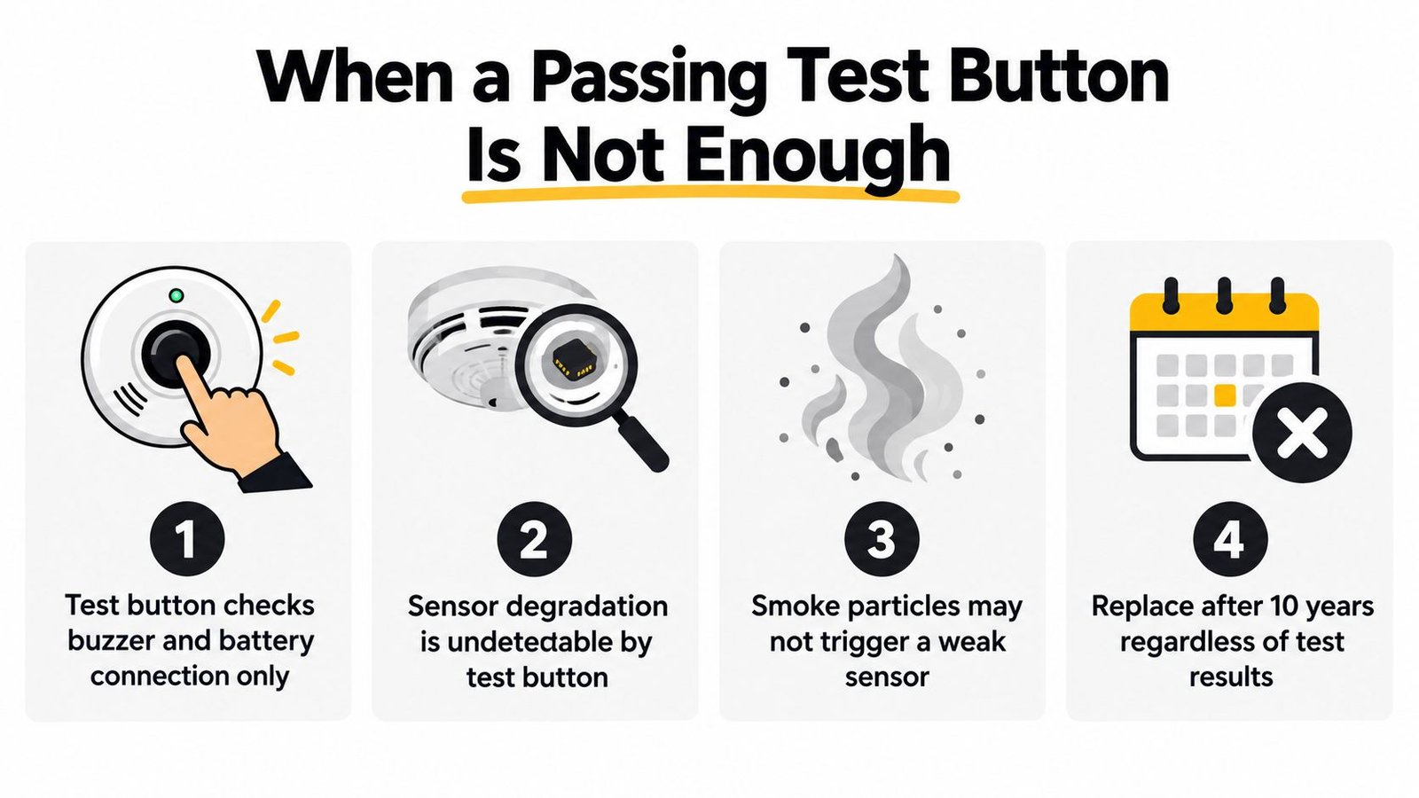 An infographic explaining why smoke detector test buttons are insufficient for ensuring full device functionality and safety.