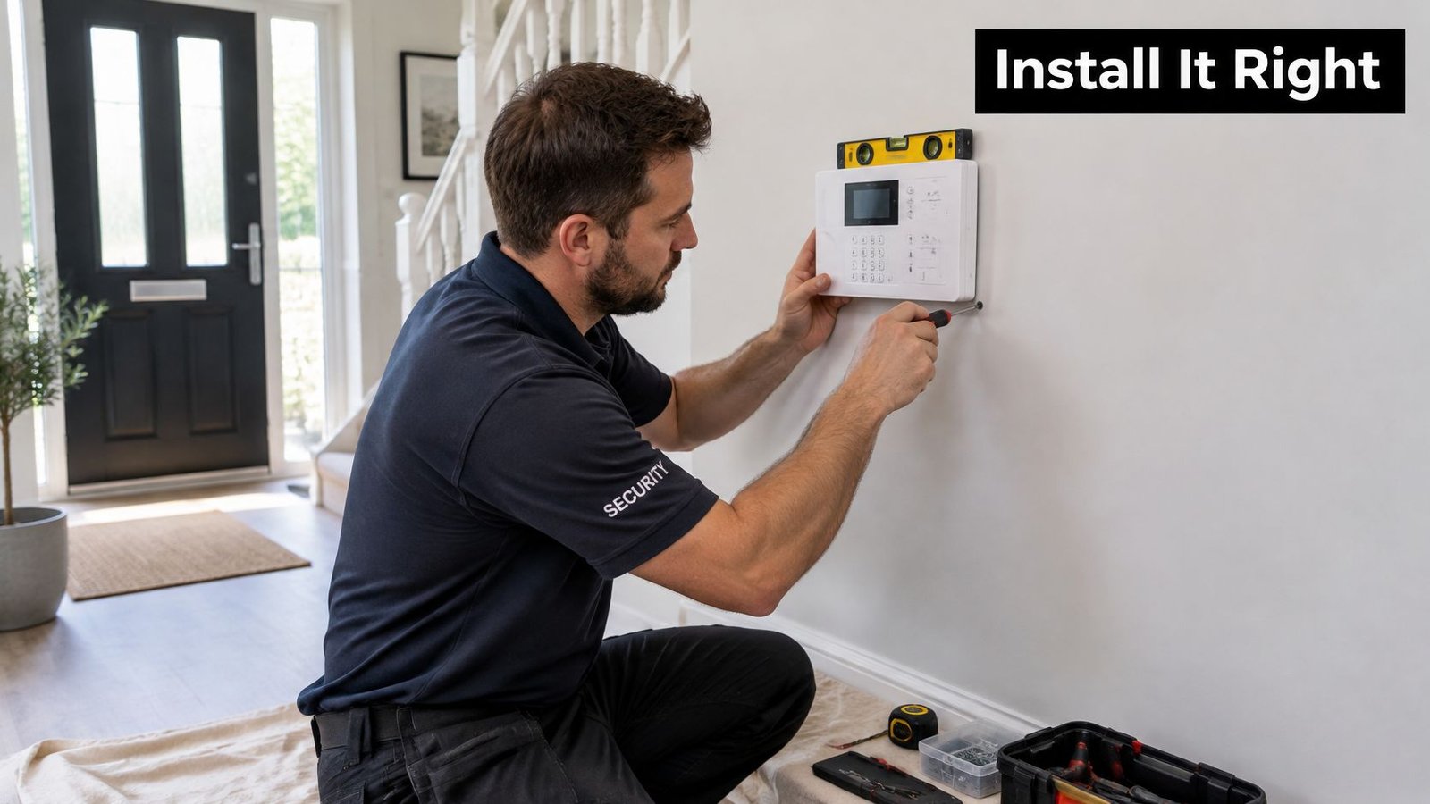 A professional security technician installing an intruder alarm control panel on a wall in a residential hallway.