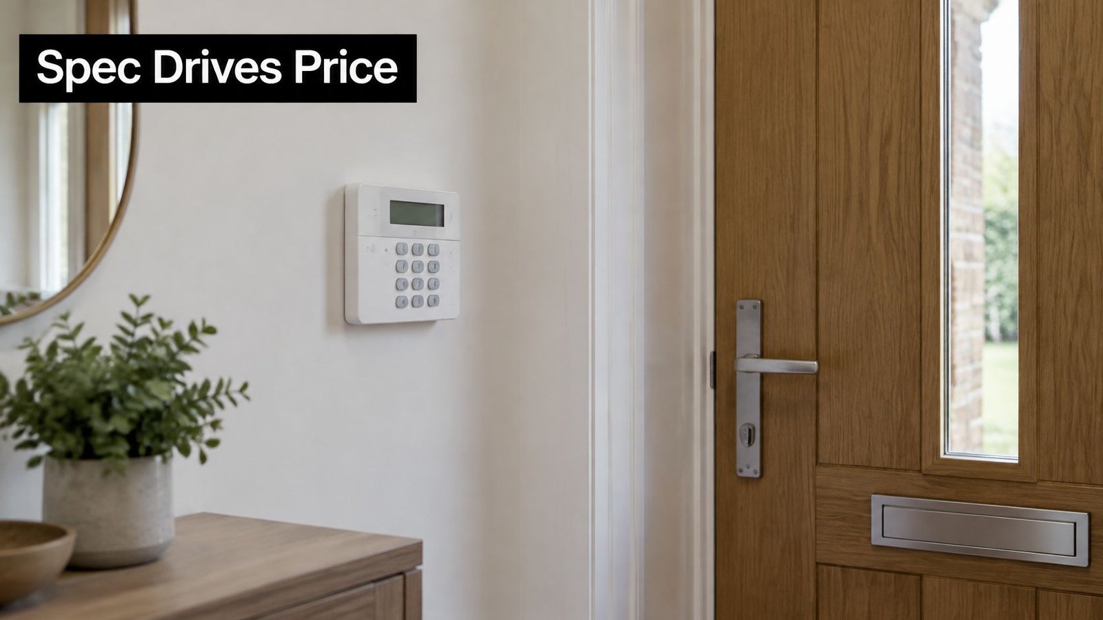 A modern home security alarm keypad mounted on a wall next to a wooden front door.