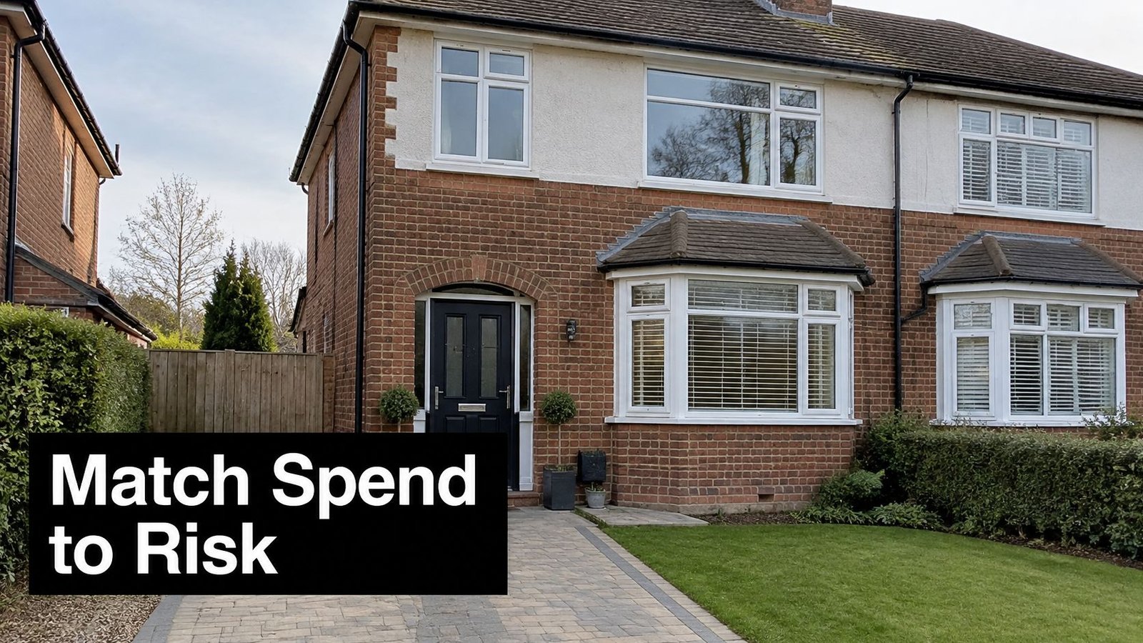 A classic semi-detached brick house with a paved driveway and a lawn, emphasizing security and property risk.