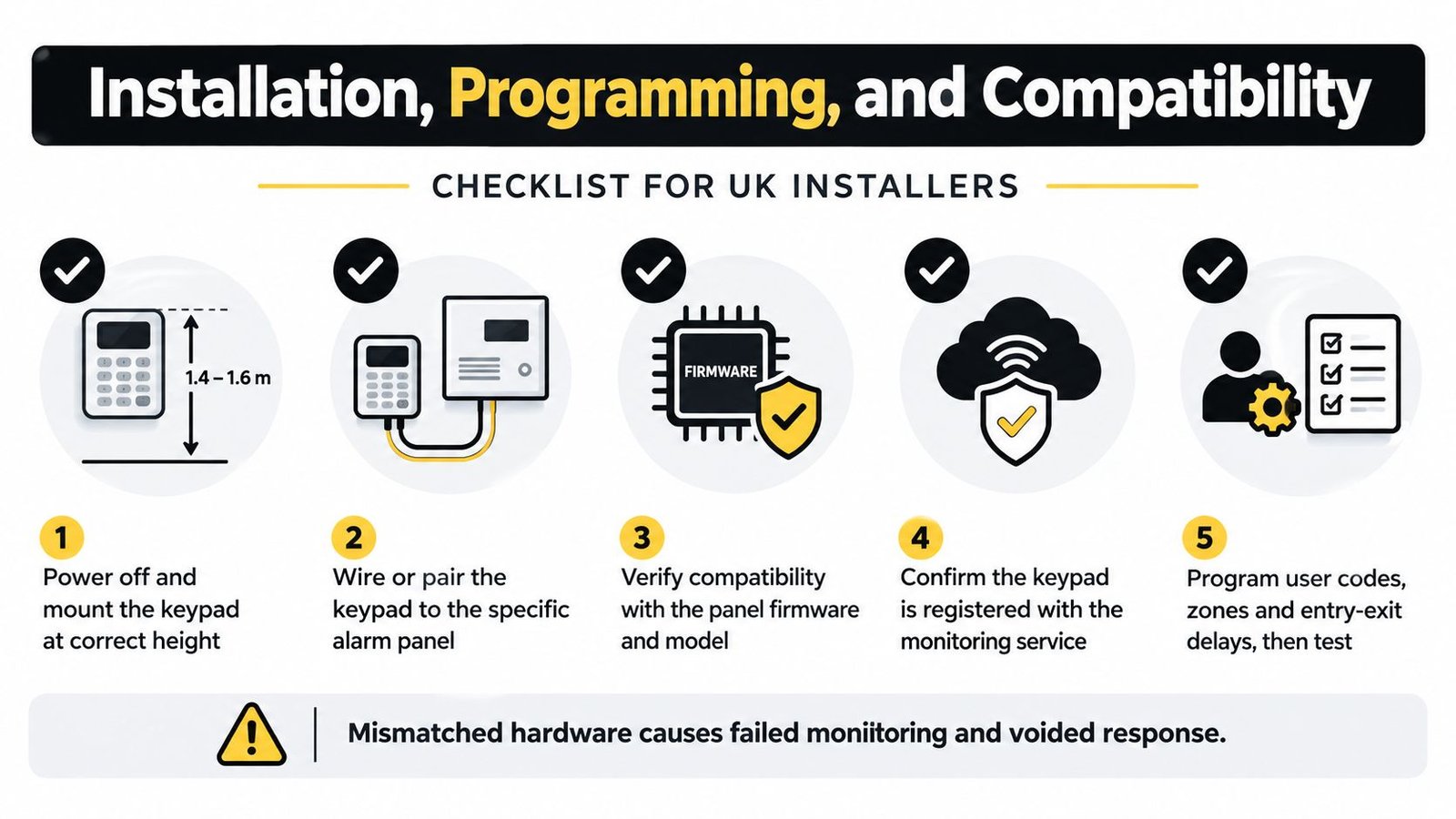 A checklist for UK installers regarding the installation, programming, and compatibility of intruder alarm keypads.