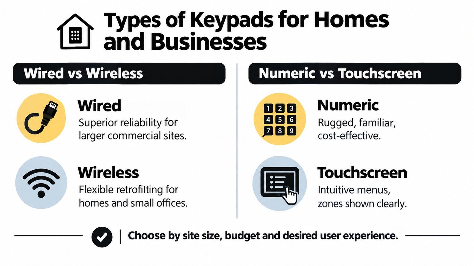 An infographic illustrating different types of security keypads for homes and businesses, categorized by wiring and interface.