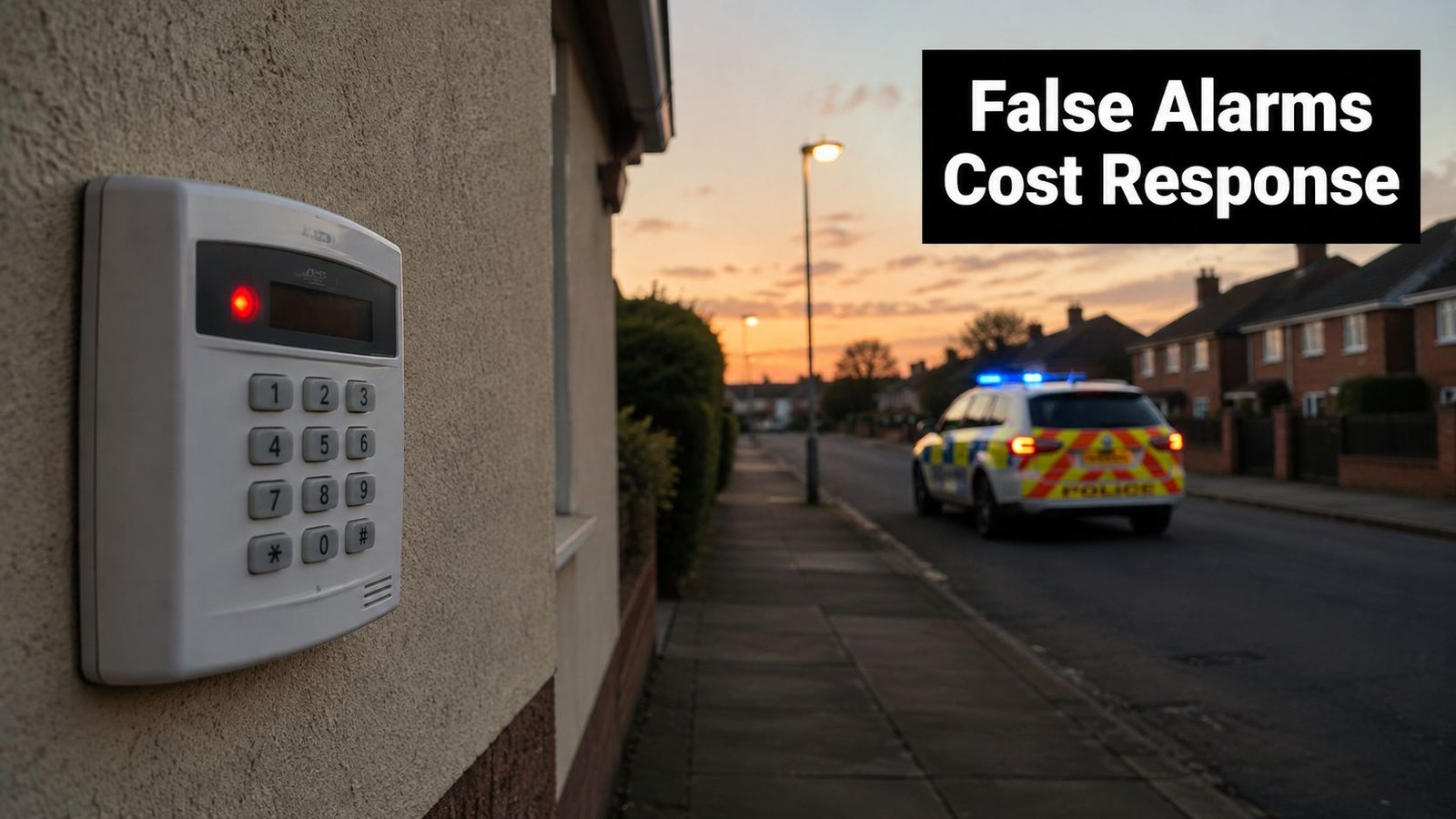 A close-up of a home security keypad with a police car driving down a residential street nearby.