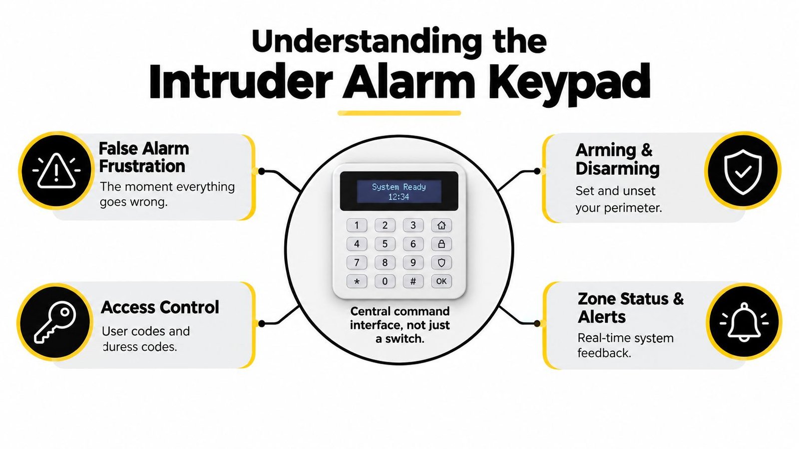 A diagram illustrating the functions of an intruder alarm keypad with four key feature categories displayed.