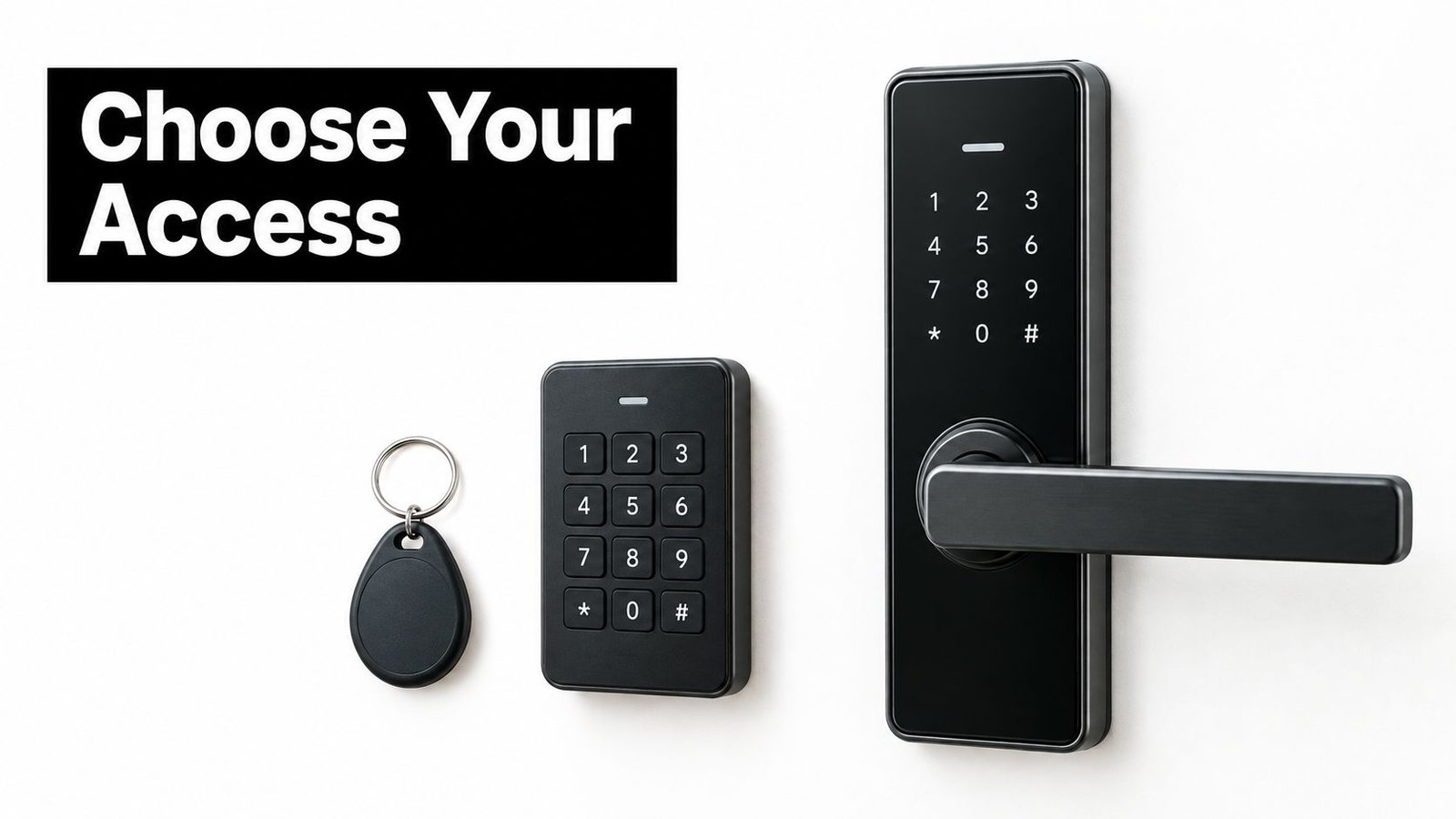 A modern electronic keyless entry system including a smart door handle, a keypad, and a key fob.