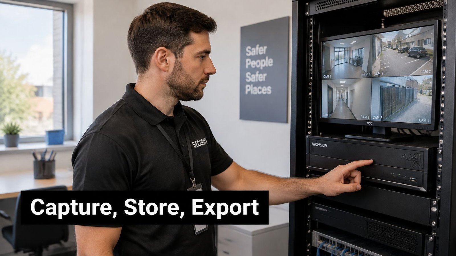 A professional security guard monitors a Hikvision surveillance system in an office environment with multiple camera feeds.