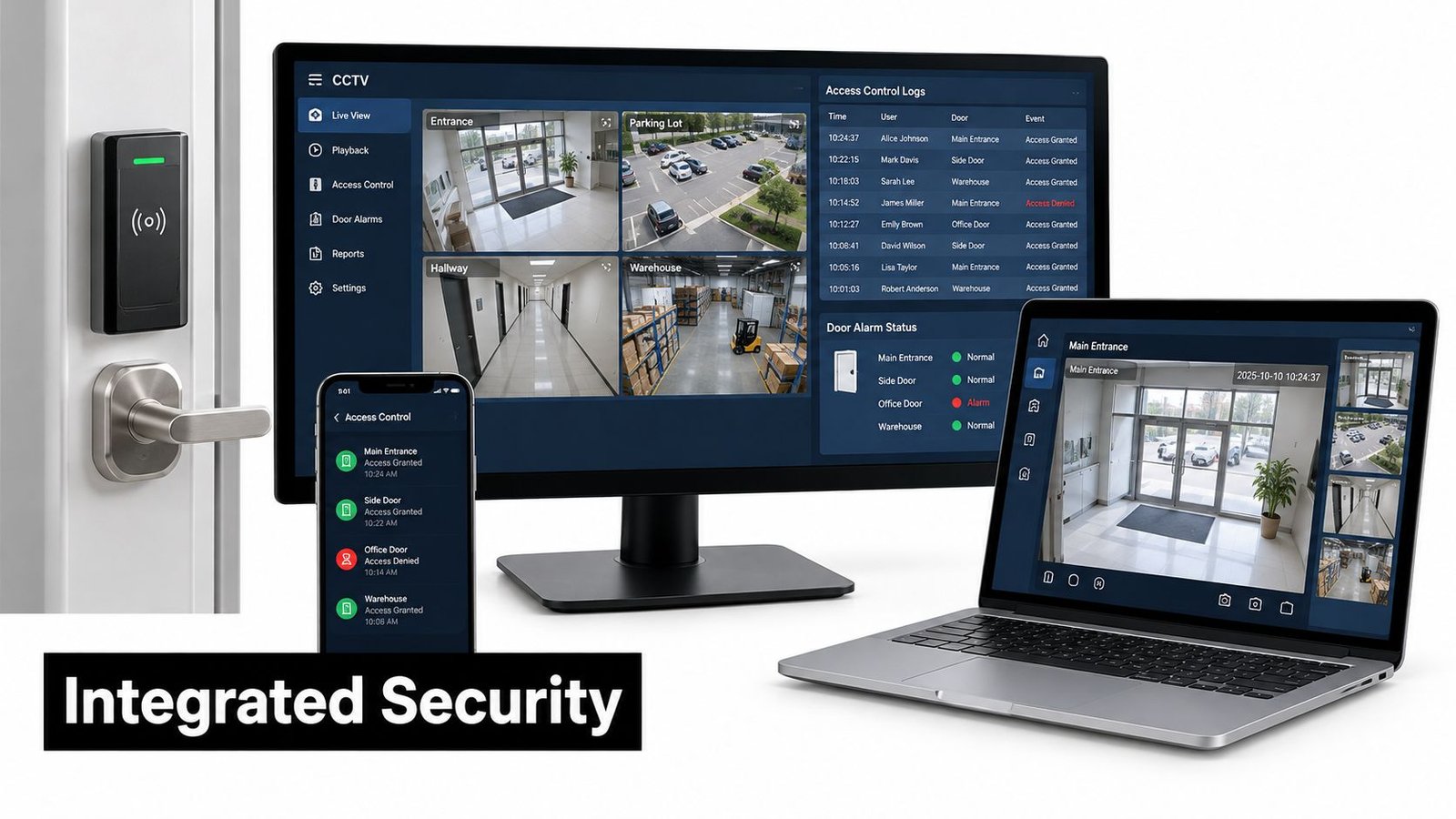 Integrated security system showing door access control, CCTV live feeds on computer, smartphone, and laptop displays.