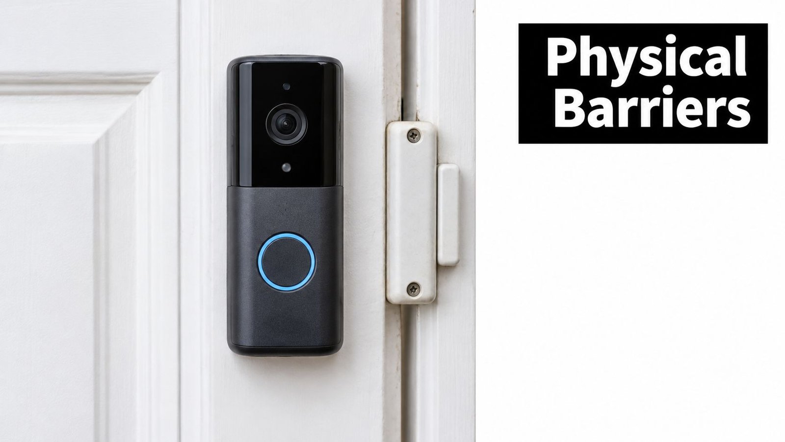 A modern smart video doorbell mounted on a white door frame with a nearby magnetic contact sensor.