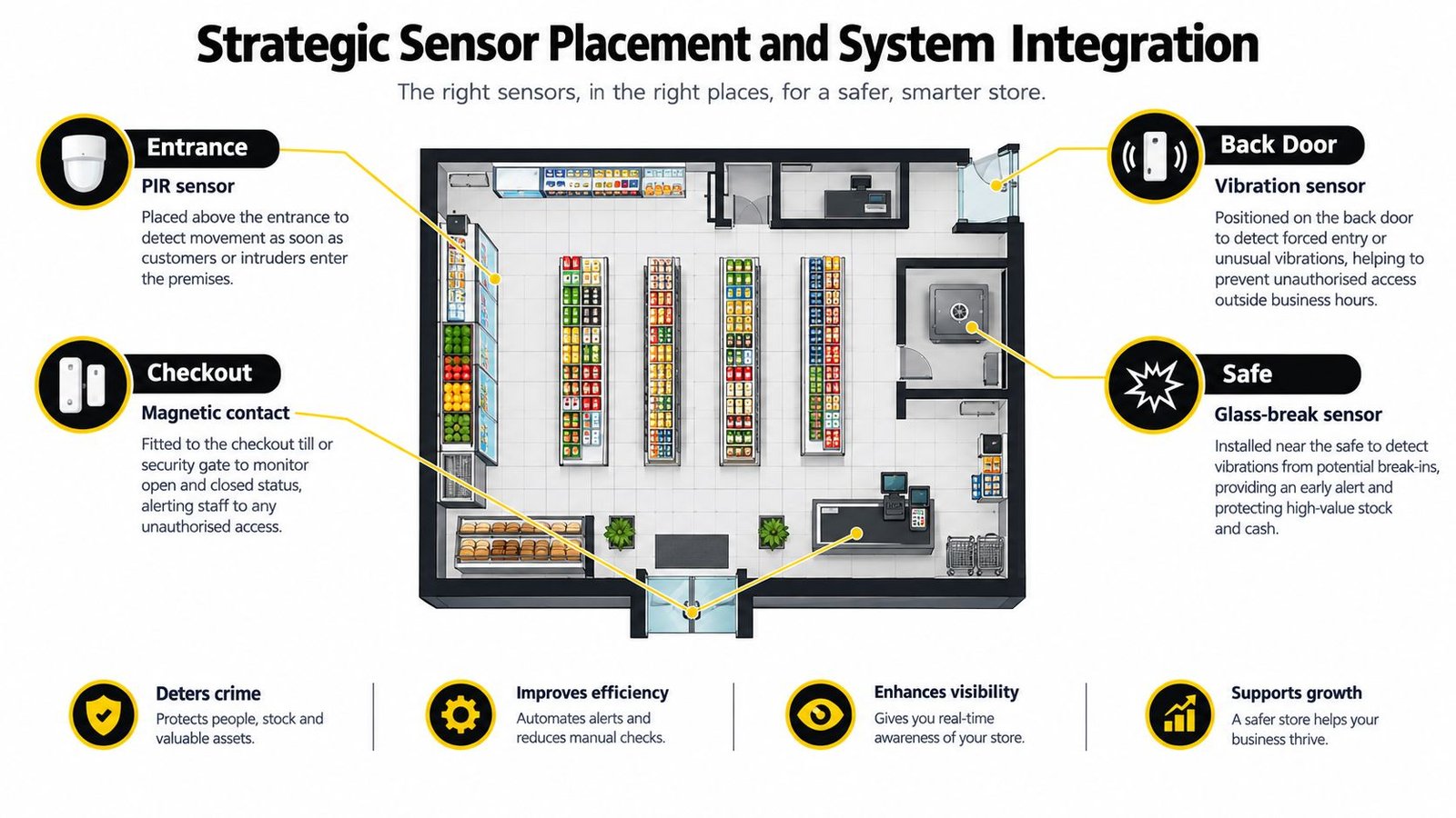 A floor plan of a retail store illustrating strategic sensor placements for security and alarm monitoring systems.