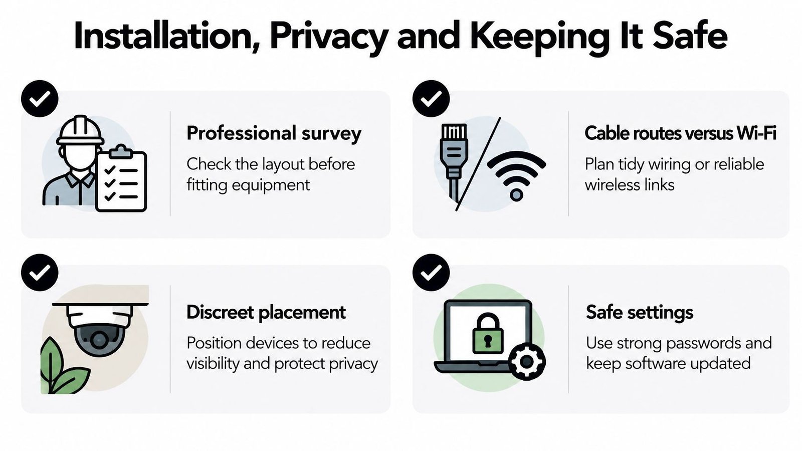 An infographic illustrating tips for the installation and privacy of smart home security systems.