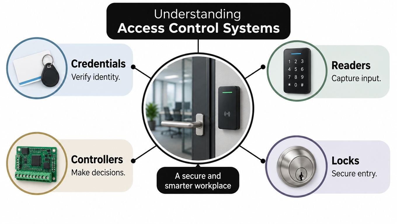 An infographic illustrating the four core components of an access control system: credentials, readers, controllers, and locks.