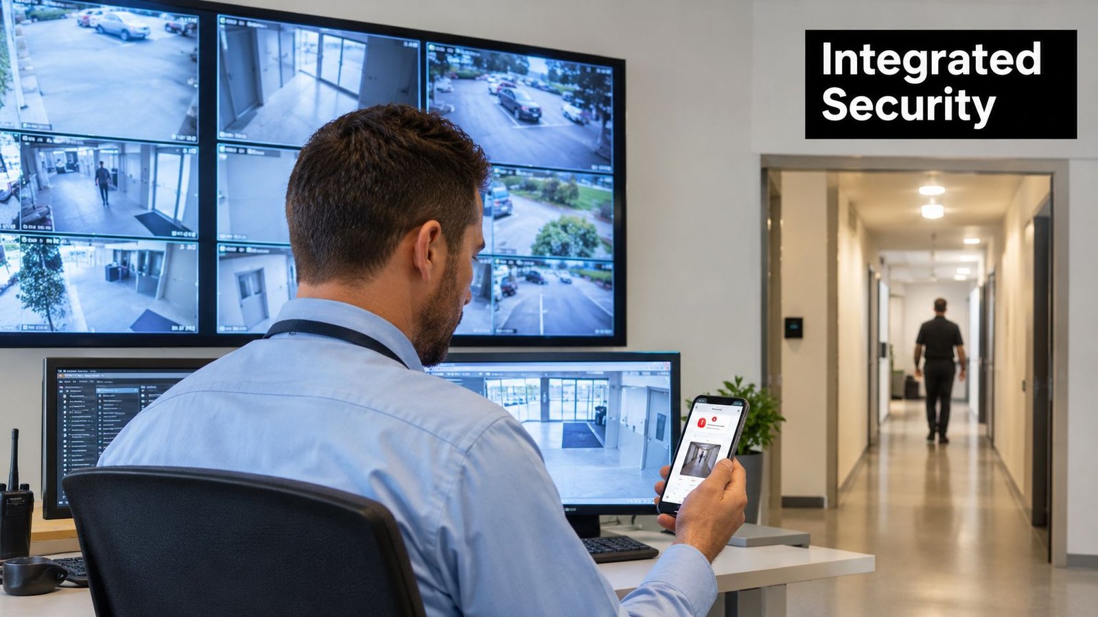 A security professional monitors surveillance footage on multiple computer screens and a mobile device in an office.