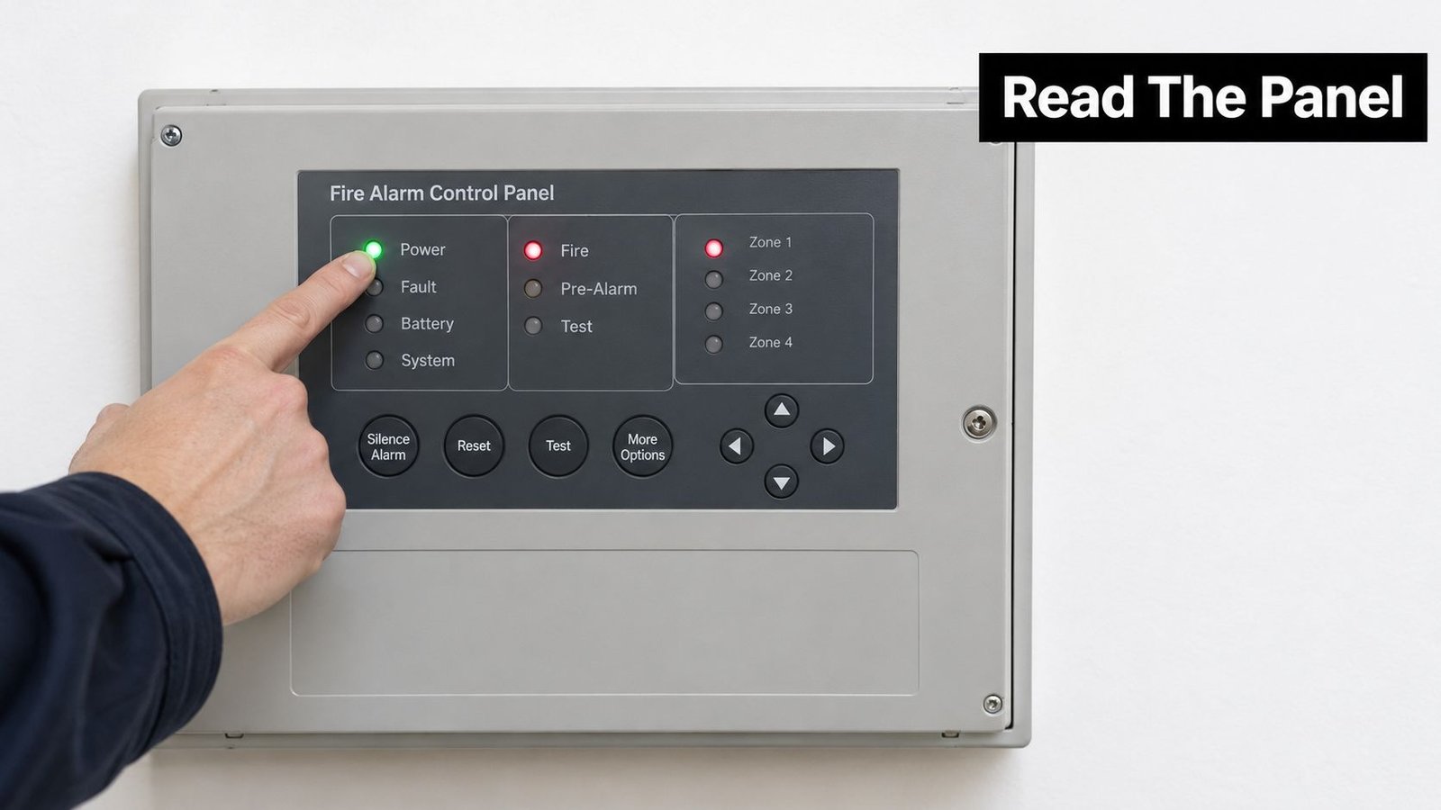 A hand pressing the power button on a wall-mounted fire alarm control panel display unit.