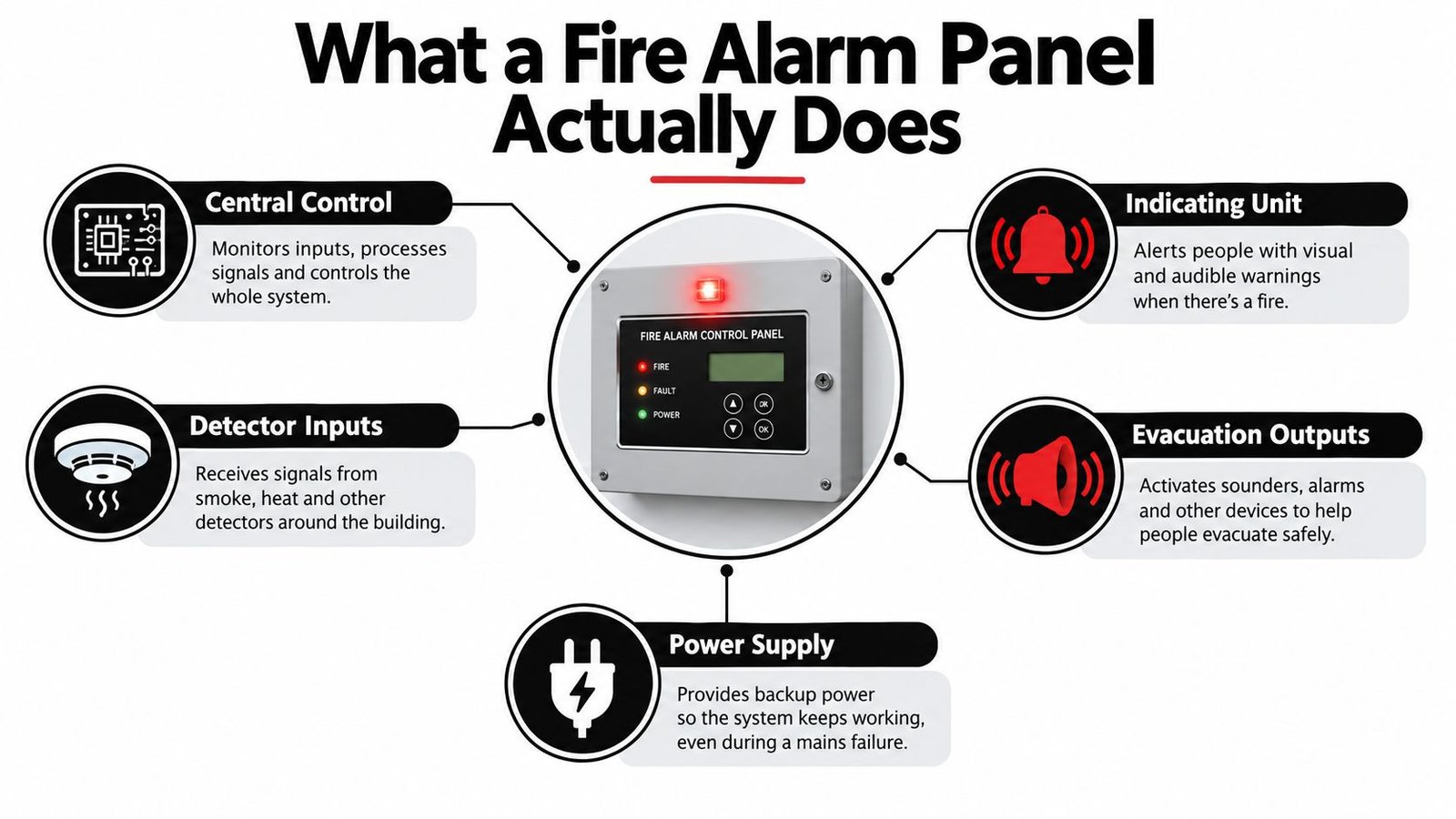 An infographic detailing the five key functions of a fire alarm control panel system for building safety.