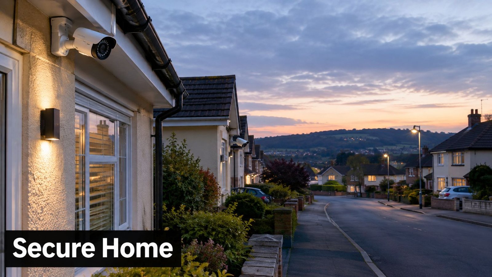 A secure home featuring a mounted CCTV camera overlooking a quiet suburban street at sunset.