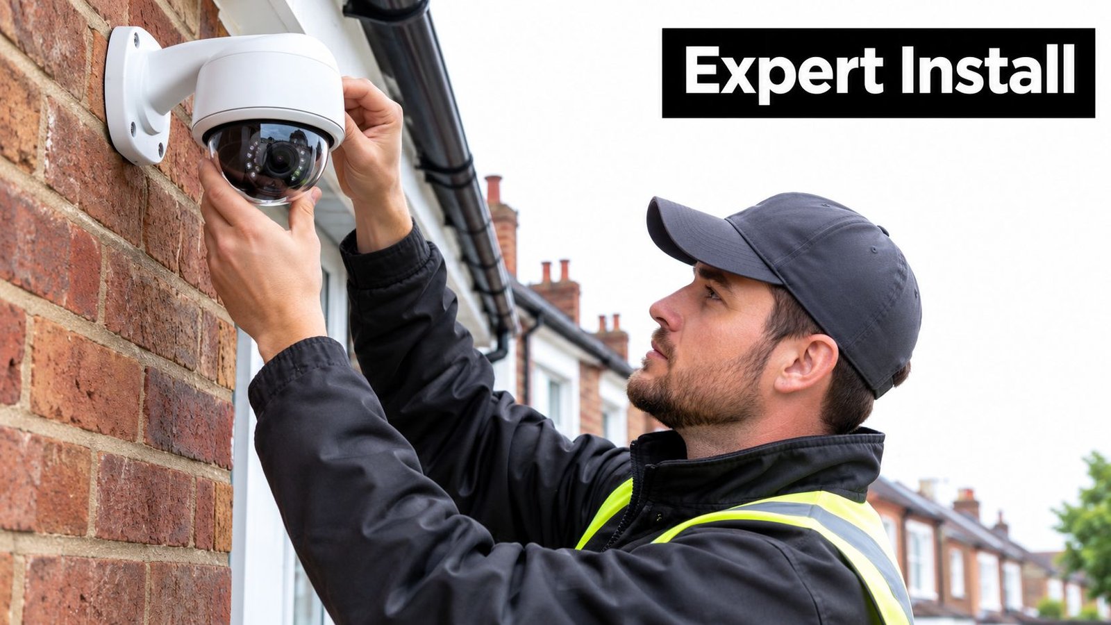 A professional technician wearing a high-visibility vest installing a security camera on a residential brick wall.